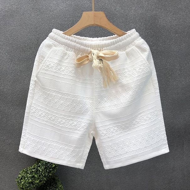 High End White Patterned Casual Shorts, Trendy Brand, Five Piece For Outdoor Wear, Men's Beach Sports Shorts_viptrois.com