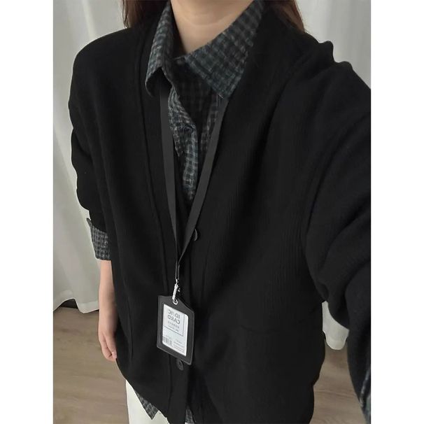 Vintage Waffle Pattern V-Neck Cardigan Unisex Autumn Winter Trendy American Cleanfit Loose Versatile Top Jacket_viptrois.com