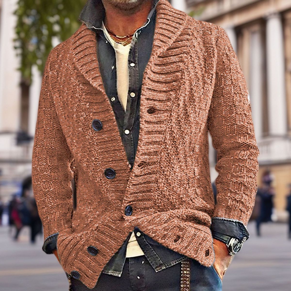 Pure New Clothing Autumn Winter Long Sleeve Thick Knit Sweater Knitted Shirt Turn-Down Collar Men's Jacket Trendy_viptrois.com