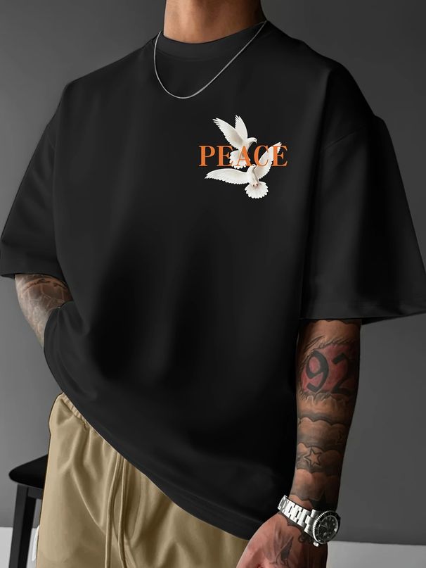 Men's Clothing New Men's Short Sleeved T Shirt 230g Pure Cotton Peace Dove Pattern Round Neck Bottoming Shirt Loose Casual_viptrois.com