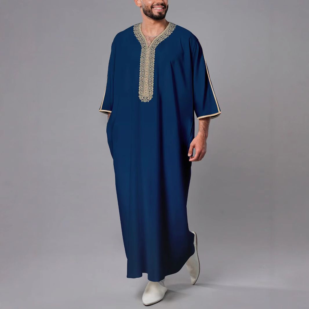 Men's Clothing New Muslim Mid Sleeve Embroidery National Style Moroccan Men's Robe Side Pockets_viptrois.com