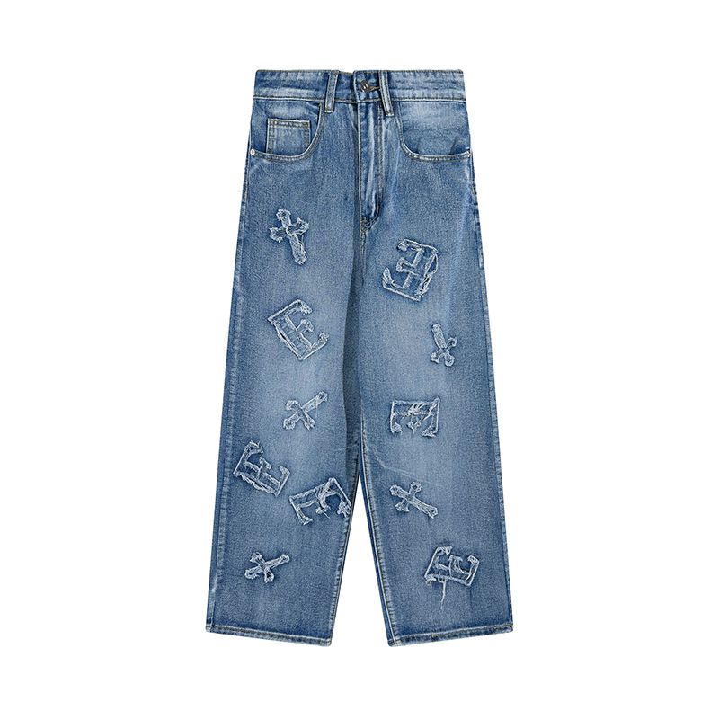 Man's clothing Fashion brand highlighted letters front and back printed casual solid color jeans for men and women_viptrois.com
