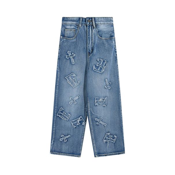 Man's clothing Fashion brand highlighted letters front and back printed casual solid color jeans for men and women_viptrois.com
