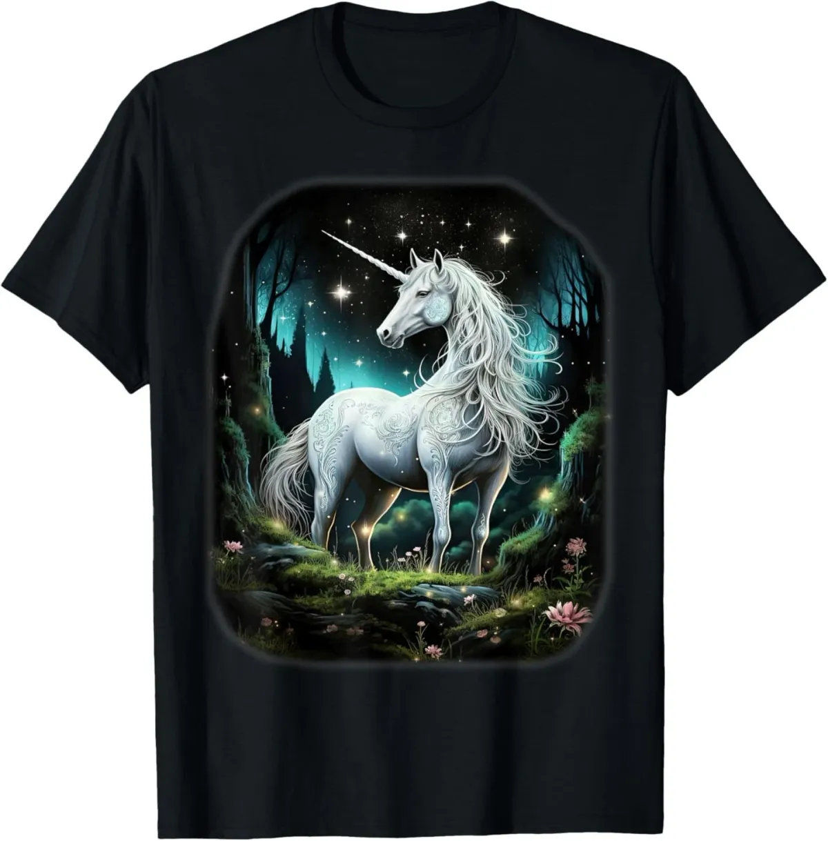 Fantasy White Unicorn Standing In Forest Stars T-Shirt Mens Womens Tees Top_viptrois.com