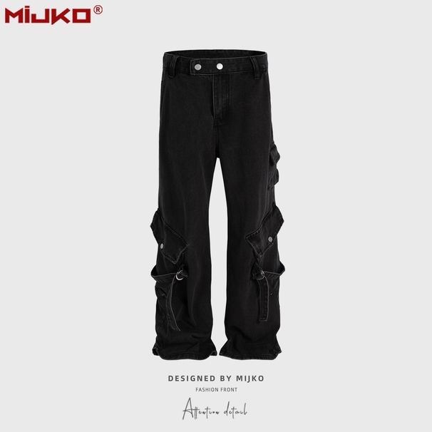 men's and women's multi-pocket trousers high street style for men and women, leg-cinching buckle strap black jeans in multiple sizes_viptrois.com