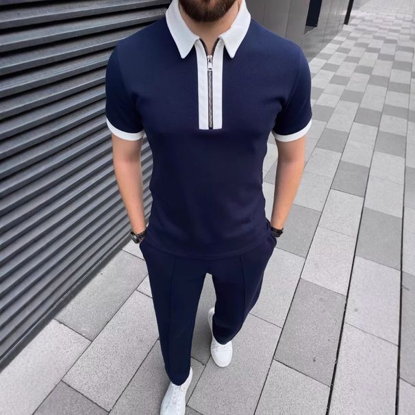 Men's Zipper Polo Shirt & Shorts Set – Stretchable Casual Outfit For Summer (Breathable Two-Piece)_viptrois.com
