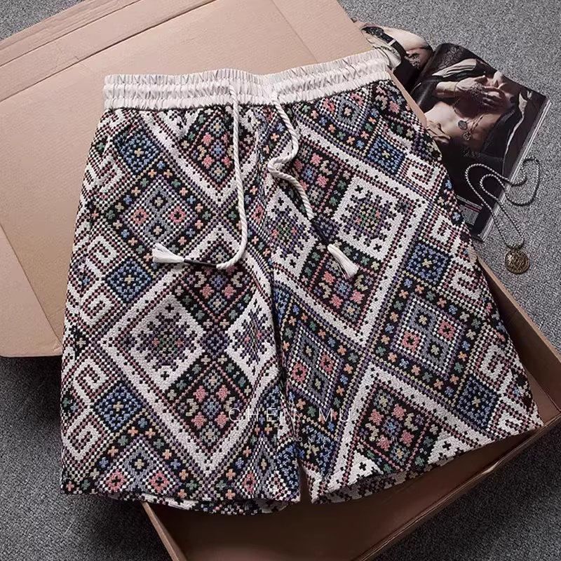 Men's Hawaiian Print Diamond Knit Shorts - Summer Beach Boardwalk Casual Shorts With Ethnic Embroidery_viptrois.com