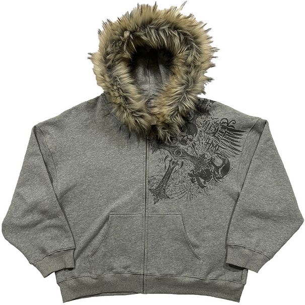 Men's Clothing Y2K Hooded Zip-Up Sweatshirt With Faux Fur Collar & Gothic Print - Streetwear Unisex Oversized Pullover For Men & Women (Black, Grey)_viptrois.com