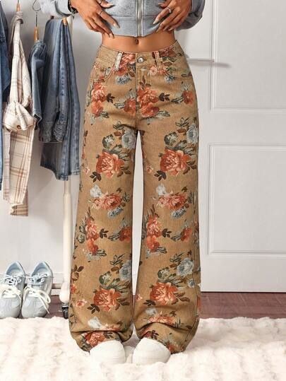 High Waisted Loose Fitting Maple Leaf Print Wide Leg Trousers For Men Street Style Faux Jeans Spring Autumn_viptrois.com