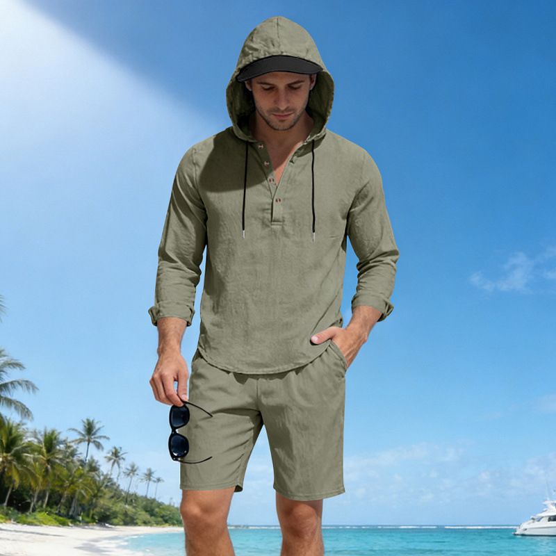 Men's Spring/Summer Thin Linen Suit Casual Loose Fit Breathable Long Sleeve Henley Hooded Shorts Set_viptrois.com