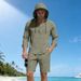 Men's Spring/Summer Thin Linen Suit Casual Loose Fit Breathable Long Sleeve Henley Hooded Shorts Set_viptrois.com