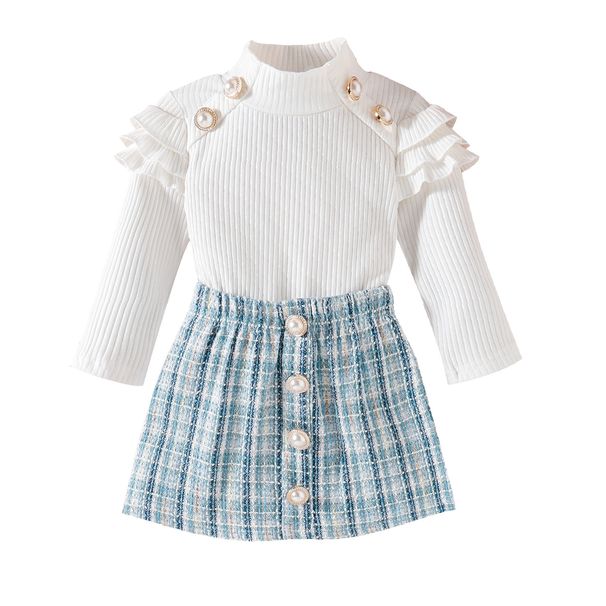 Children's clothing small fragrant wind autumn and winter twist button decoration long sleeve woven chungwort check skirt temperament for girls_viptrois.com