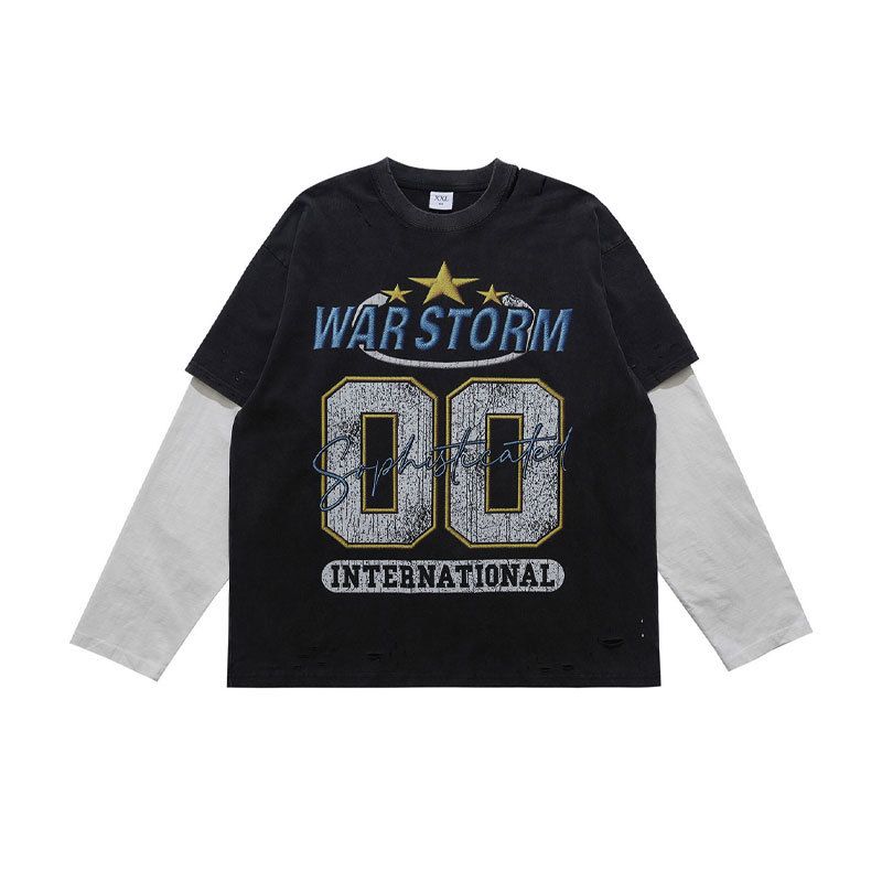 American-style Washed Digital Print Fake Two-piece Spliced Long-sleeve T-shirt, Unisex Trendy Loose Fit_viptrois.com