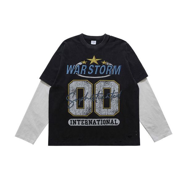 American-style Washed Digital Print Fake Two-piece Spliced Long-sleeve T-shirt, Unisex Trendy Loose Fit_viptrois.com