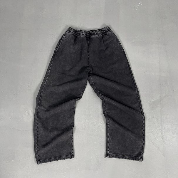 Men's Wax-Dye Washed Cotton Pants – Streetwear High Waist Relaxed Fit (Spray-Dye Black/Gray, S-XXL, 430GSM Vintage Style)_viptrois.com