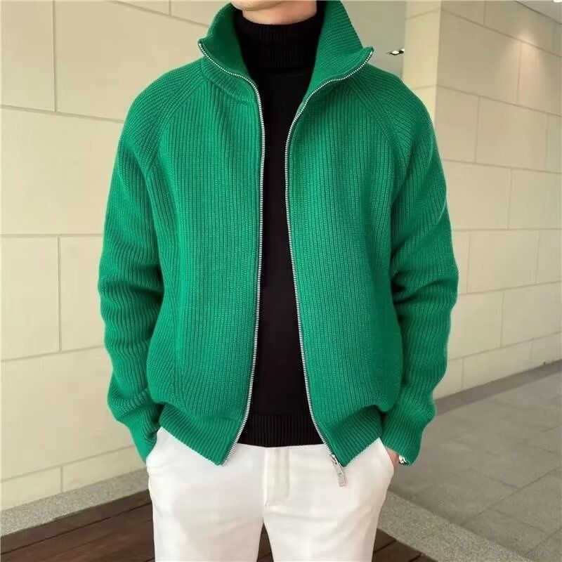 Pure European And American Style Simple High-End Green Stand Knitted Cardigan Winter Half-High Collar Sweater Men's Jacket_viptrois.com