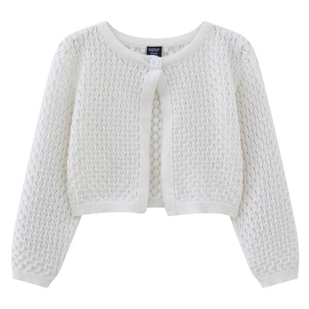 Mother & Kids Girls' Lace Round Neck Knit Cardigan - Lightweight Summer Baby Toddler Open Front Cover-Up (White, Pink, Dark Gray) - Sizes 90-130cm_viptrois.com