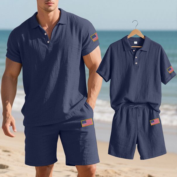 Summer Men's Breathable Linen Heavy Embroidery Independence Day Flag Lapel Loose Shirt Short Sleeve Shorts Suit_viptrois.com