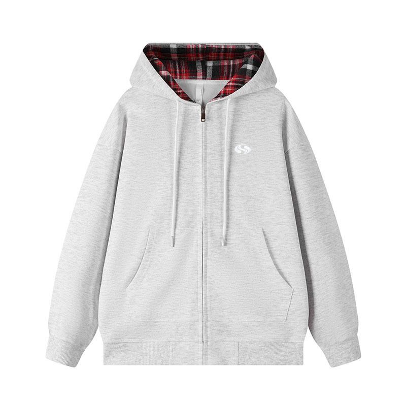Men's Clothing American Plaid Cardigan Sweatshirt With Embroidered S Letter Loose Hooded Top Couple Trendy Brand Zipper Jacket_viptrois.com