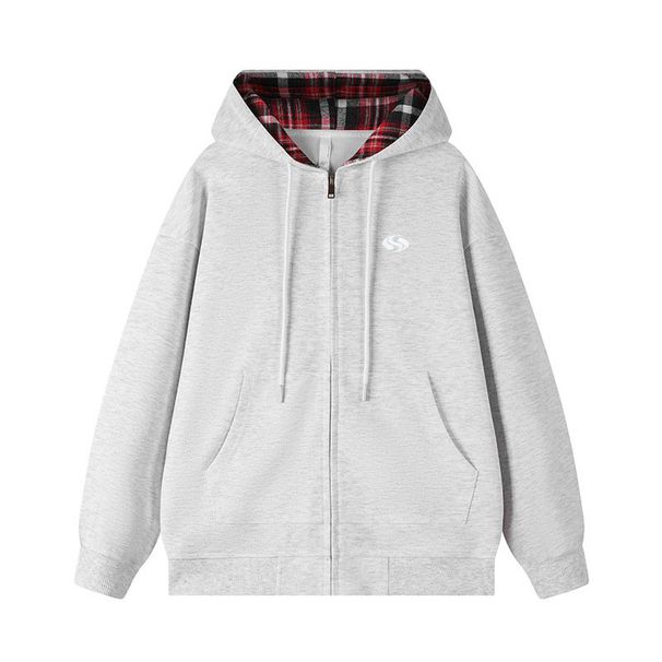 Men's Clothing American Plaid Cardigan Sweatshirt With Embroidered S Letter Loose Hooded Top Couple Trendy Brand Zipper Jacket_viptrois.com