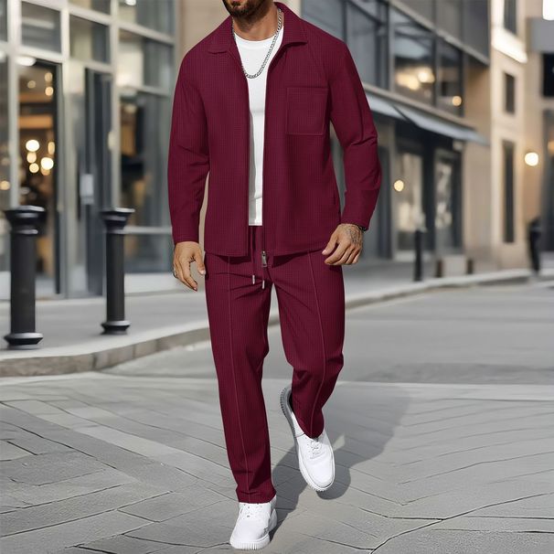 Men's Waffle-Knit Zip-Up Jacket Set – Slim-Fit Autumn Layering Piece With Notch Lapel & Functional Pockets (Black/Grey/Khaki/White/Olive/Burgundy)_viptrois.com