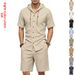 Men's Summer Casual Linen Shirt And Shorts Set Loose Fit Solid Color Short Sleeved Hooded Top And Bottoms_viptrois.com