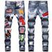 Man's clothing Hand painted white paint full wipe craft wash water personality towel embroidered badge small straight stretch jeans for men_viptrois.com