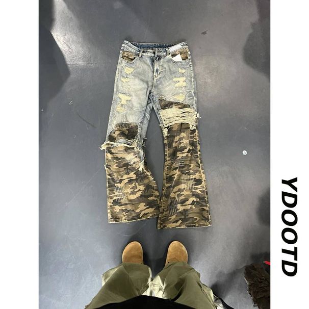 2025 New American Vintage Two Pants Design Sense Senior Camouflage Splicing Jeans Men's Cleanfit Straight Pants_viptrois.com