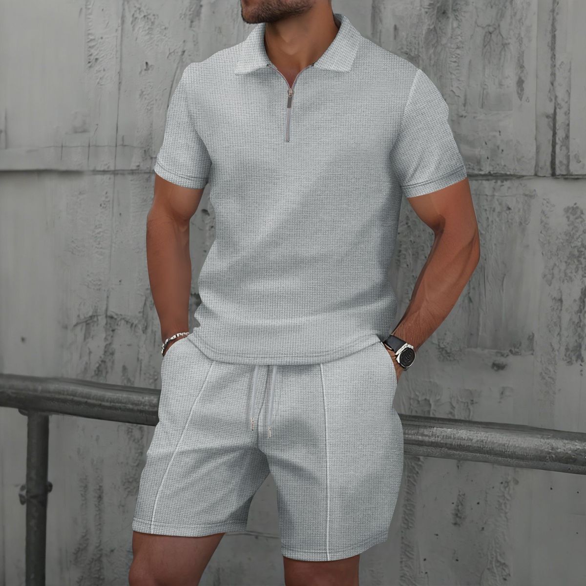 Men's Clothing Men's New Waffle Zipper Solid Color Lapel Short Sleeved T Shirt Shorts Casual Suit_viptrois.com