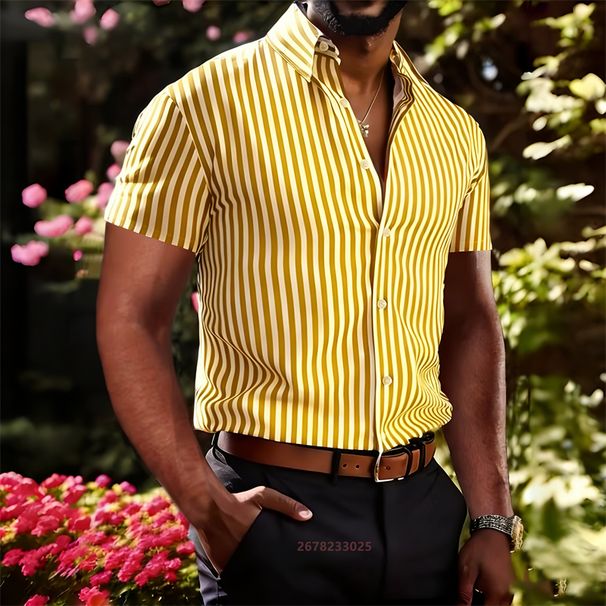 Camisa De Manga Corta A Rayas Blancas Y Negras Para Hombre, Verano 2026, Corte Entallado, Transpirable, Estilo Casual De Negocios, Prenda Versátil_viptrois.com