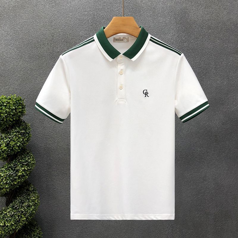 2025 Light Luxury Style Letter Embroidered Polo Shirt Men's Trendy Brand Splicing Color Contrasting Ins Short Sleeve_viptrois.com