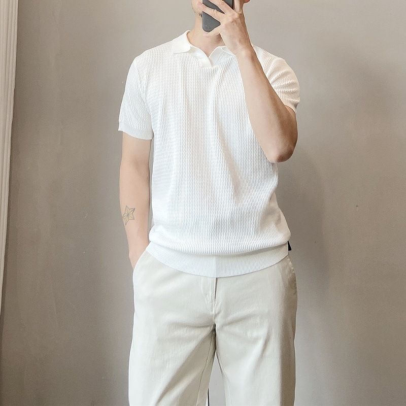 Cross-border Light Ripe Wind Pit Strip Knitted Polo Shirt Men's Thin Breathable Slim-fitting Short-sleeved American Muscle Men's Ice-cold Silk_viptrois.com