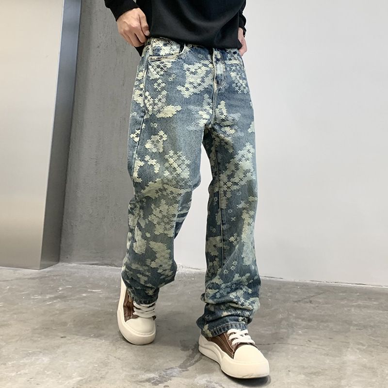 Men's Clothing Jacquard Jeans Fashion New Casual Street Denim Loose Straight Pants High Street Fashion All Match Trousers_viptrois.com