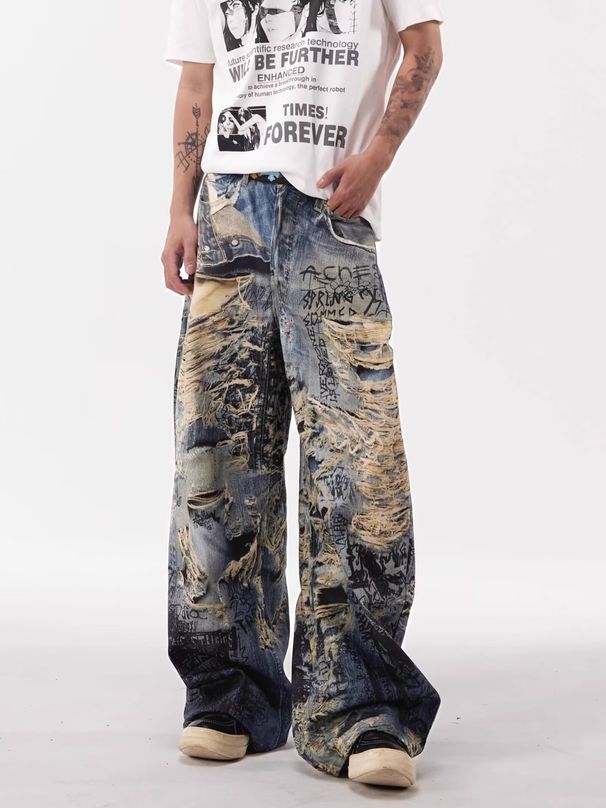 Graffiti Distressed 3D Digital Vintage Jeans For Men American Street Style Niche Design Straight Loose Wide-Leg Pants_viptrois.com