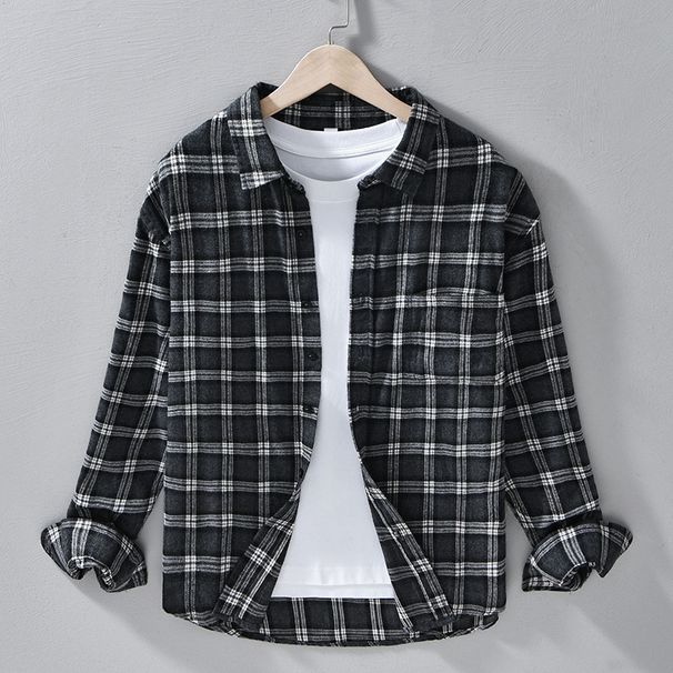 Checkered Fresh Long Sleeved Shirt For Men In Autumn, Fashionable And Versatile, Artistic And Casual, Loose Brushed Shirt_viptrois.com