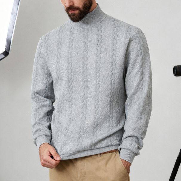 Men's Jacquard Turtleneck Sweatshirt – Heavyweight Textured Pullover For Autumn & Winter_viptrois.com