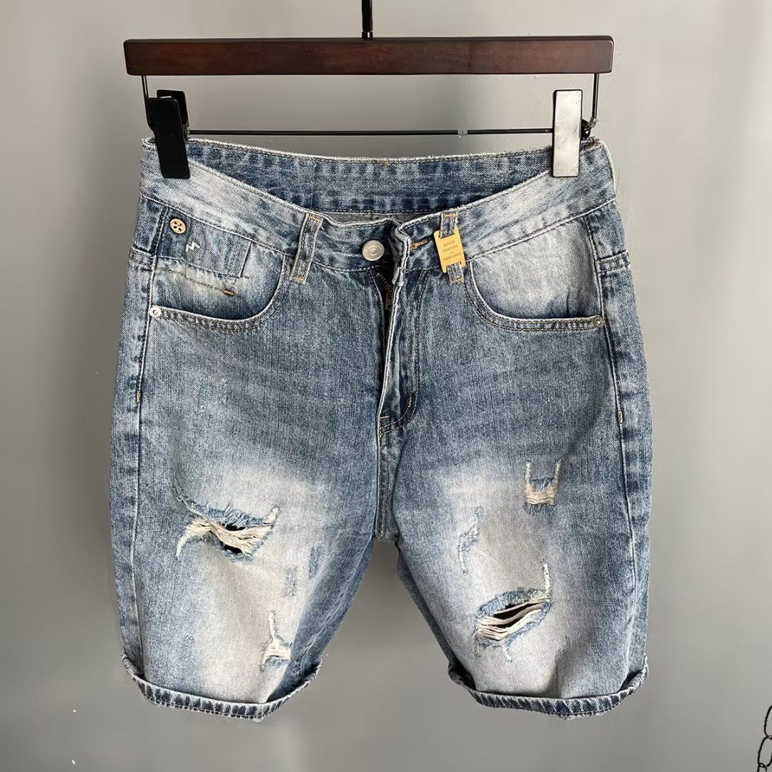 Personalized Scratched Denim Shorts Men's Loose Straight Middle Trendy Brand Piercing Fashion Casual Pentagram Pants_viptrois.com