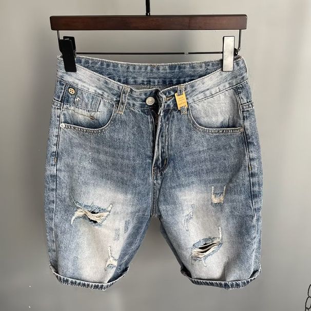 Personalized Scratched Denim Shorts Men's Loose Straight Middle Trendy Brand Piercing Fashion Casual Pentagram Pants_viptrois.com