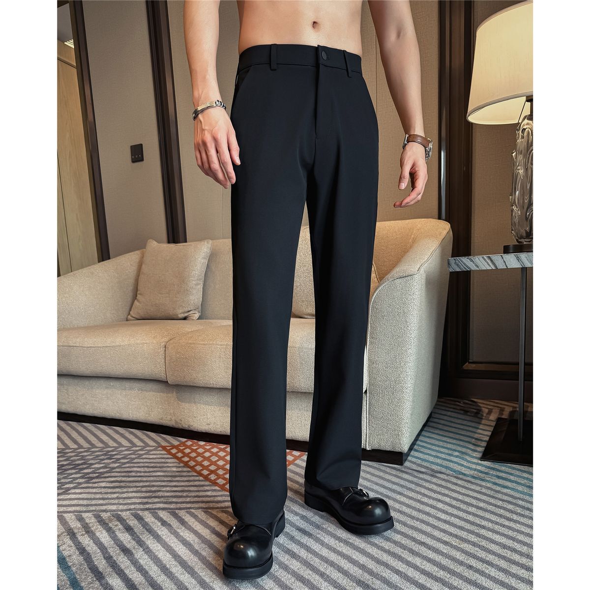 Men's Cleanfit Elastic Waist Dress Pants Trendy American Style Long Curved Flared Trousers_viptrois.com