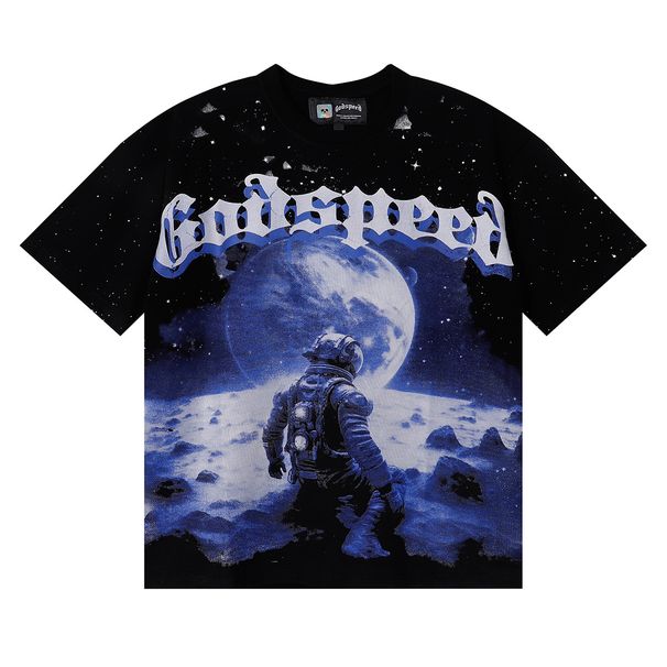 Men's Clothing 2025 New American Trend Space Astronaut Earth Print High Quality Double Yarn Cotton Short Sleeve T Shirt For Men And Women_viptrois.com