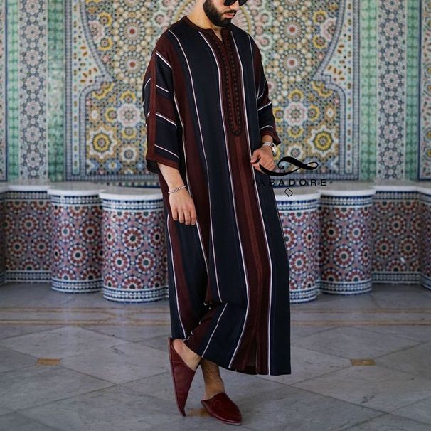 Men's Clothing Arabic Black Thin Striped Print Loose Muslim Robe In Stock_viptrois.com
