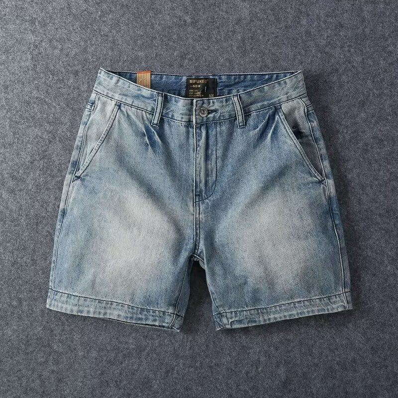 Men's Clothing Summer Pure Cotton Three Quarter Jeans For Men Retro Washed Old Fashioned Slim Straight Casual Shorts_viptrois.com