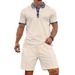 Men's Clothing Waffle Print Collar Sleeved Shorts Casual Two Piece Suit_viptrois.com