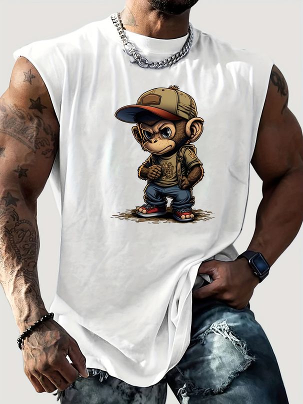 100% Pure Cotton Men's Summer Casual Sports Fitness Loose American Street Cartoon Style Trendy Cool Monkey Print Breathable Round Neck Sleeveless Vest_viptrois.com
