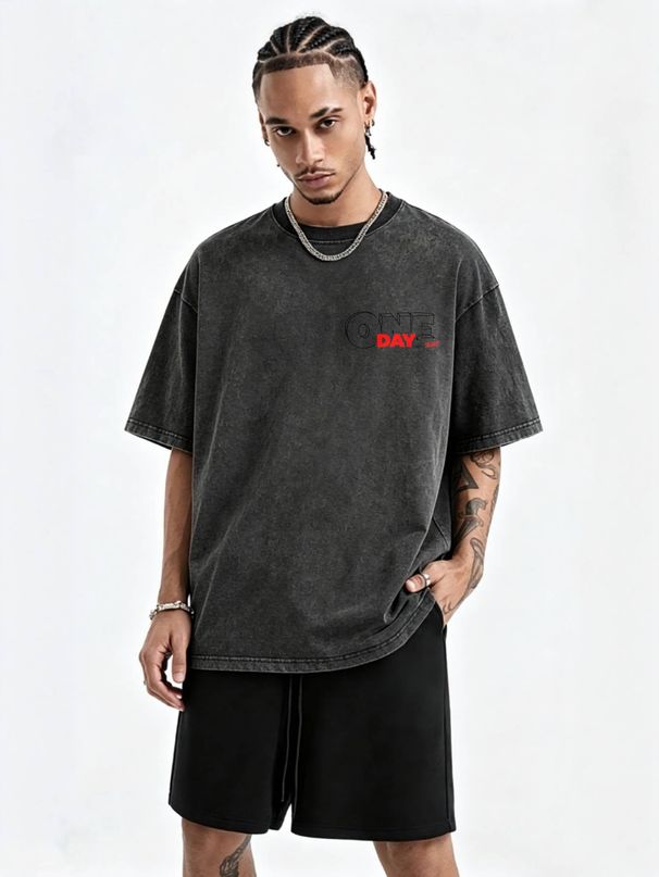230g Washed Men Crew Neck Tee ONE DAY 3D Letter Print Short Sleeve Casual Streetwear Summer Top_viptrois.com