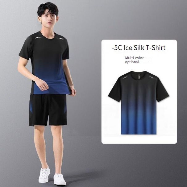 Men's Clothing Short Sleeved Ice Silk Gradient Quick Drying Two Piece Suit Running Suit Sports Suit Sports Style_viptrois.com