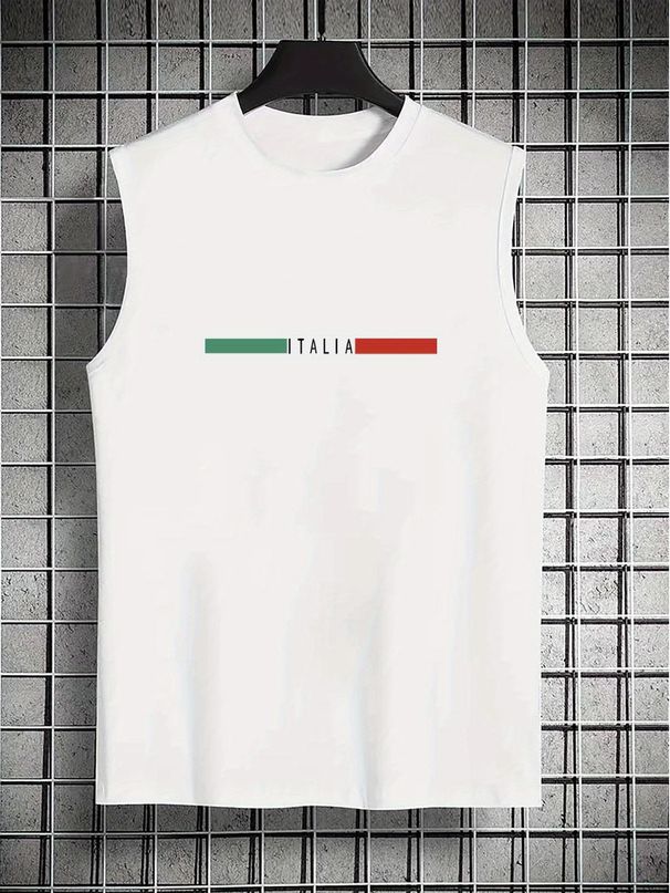 100% Pure Cotton Men's Summer Casual Sports Fitness Loose ITALIA Printed Breathable Round Neck Sleeveless Vest_viptrois.com