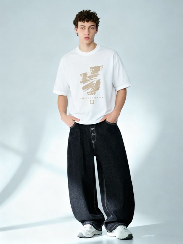 European Style Men's Short Sleeve T-Shirt, Abstract Brushstroke CHAOS BALANCE Print, Casual Round Neck Streetwear Tee_viptrois.com