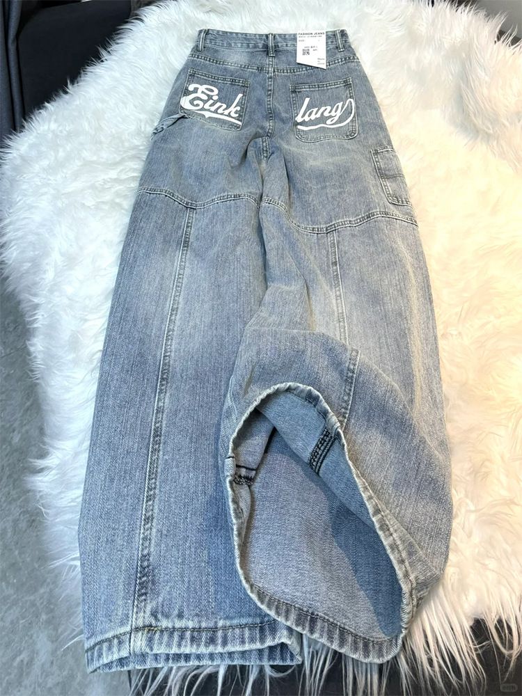 Men's Clothing Washed Letter Print High Waist Jeans Niche Versatile Design Straight Casual Mopping Pants_viptrois.com