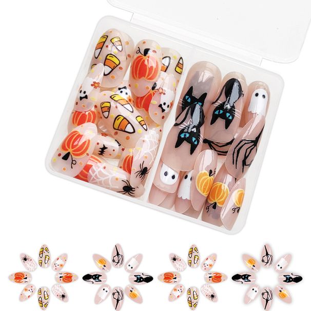 Short Glitter Halloween Cute Ghost Cat Pumpkin Cobweb Black Bat Fashion Nail Patch 24 Pieces_viptrois.com